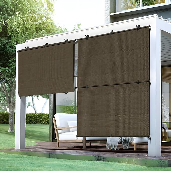 Bynbbur 8'W x 11.5'H Outdoor Patio Shades Foldable Roller Blinds, 220 GSM Sun Shade Roll Up Porch Screens Exterior Shade Cloth for Deck Pergola Backyard, Brown