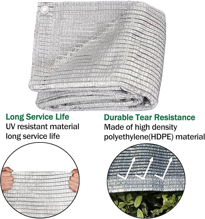 65% Aluminum Foil Shade Cloth with Grommets,8ft x 8ft, Mesh Sun Block Fabric Cover, Canopy, Privacy Screen for Outdoor Patio, Garden, Backyard, Silver