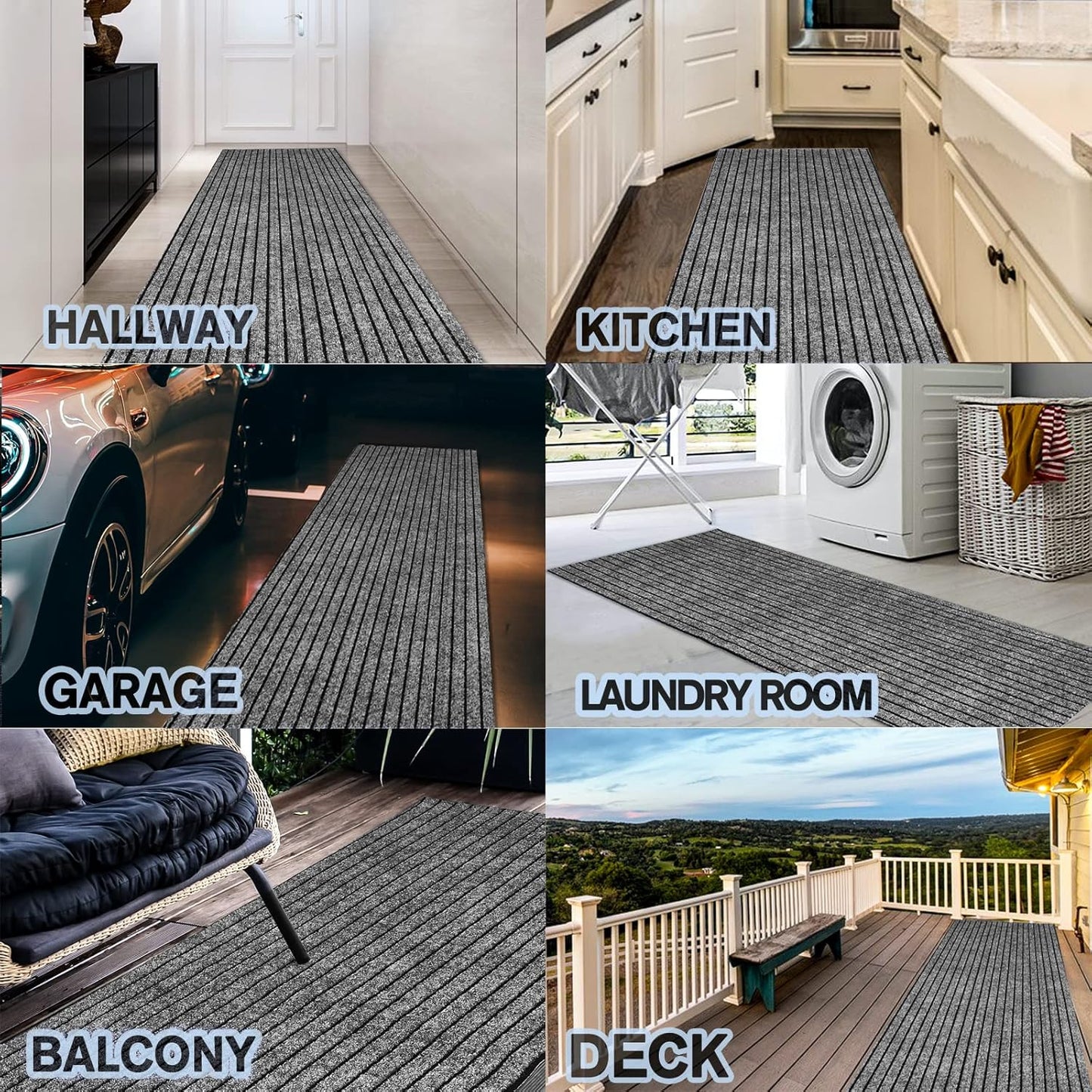 Custom Size Backed Non-Slip Area Rugs Runner, Easy Clean, Waterproof Runner Rugs for Hallway Entryway, Kitchen, Laundry, 3FT x 59FT, Gray Stripe