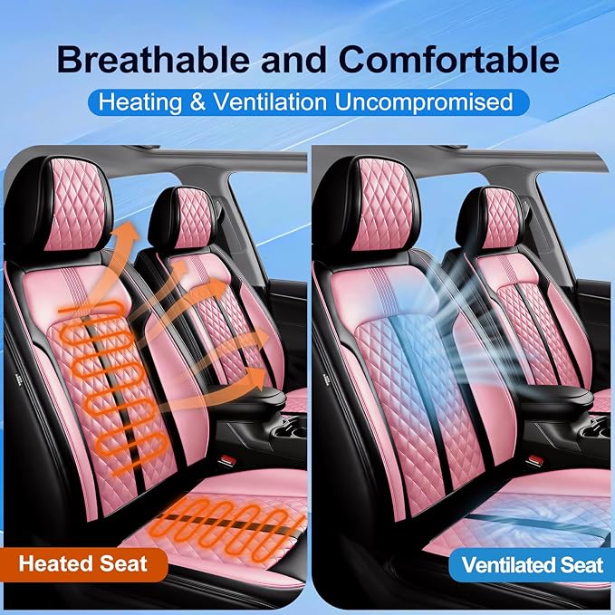 Fit Trax Car Seat Covers for Chevrolet/Chevy Trax 2015-2026, Premium Full Coverage Leather, Waterproof All Weather Seat Protector, Airbag Compatible, Scratch Resistant, Front Pair Black+Pink
