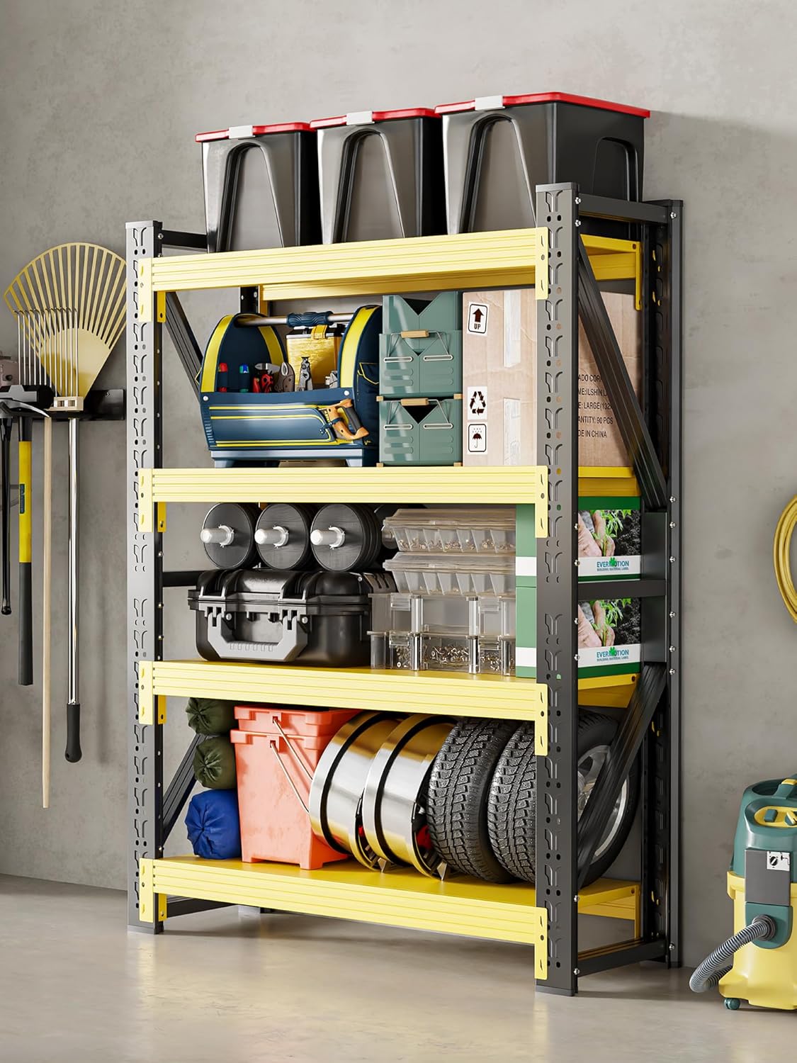 4-Tier Storage Shelves,79" H Heavy-Duty Garage Shelving Unit,Adjustable Industrial Metal Shelf System,4,000lbs Capacity,Tool Organizer for Garage,Workshop,48" W*20" D*79" H,Black&Yellow