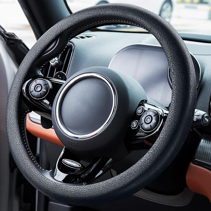 Spurtar Car Steering Wheel Cover for Women Men Car Accessories, Silicone Anti-Slip Thin Steering Wheel Protector, Black Soft Leather Texture Interior Vehicle Accessories, Fit Diamenter 15" - 16.5"