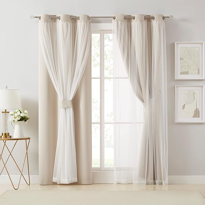 Bujasso Beige 80% Blackout Curtains with Sheer Overlay Mix and Match Double Layer Thermal Insulated Window Panels 95 inch for Living Room Bedroom Beige Drapes with Tiebacks Grommet Top 54" Wx95 Lx2