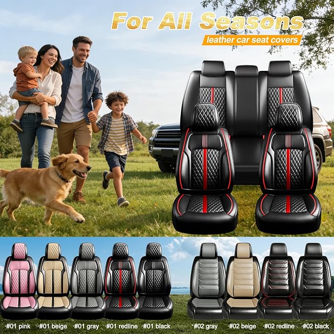Fit Blazer Car Seat Covers (Front Pair) for Select Chevrolet/Chevy Blazer 2019-2026 - Premium Full Coverage Leather, Airbag Compatible, Waterproof All Weather Seat Cushion Protector, Red Trim