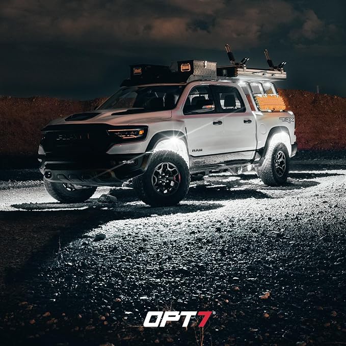 OPT7 Photon Pure White LED Magnetic Rock Lights - 8 Pods w/Mahnet Mounts - Wide Angle Underglow Lighting Kit, IP68 Waterproof for Offroad Jeep RZR ATV UTV SUV - Truck Decorations