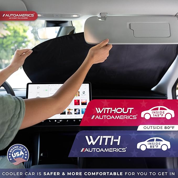 Autoamerics 2-Piece Windshield Sun Shade - Foldable Car Front Window Sunshade for Most Compact Sports Cars - Auto Sun Blocker Visor Protector Blocks 99% UV Rays and Keeps Your Vehicle Cool - Small Fit