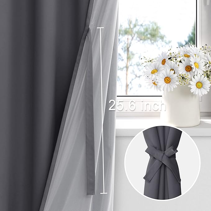 XWZO 100% Blackout Curtains 45 Inches Long with Tiebacks- Privacy Protection & Noise Blocking Window Draperies Grommet Top with Black Liner for Bedroom/Living Room, Dark Grey, W42 x L45, Set of 2