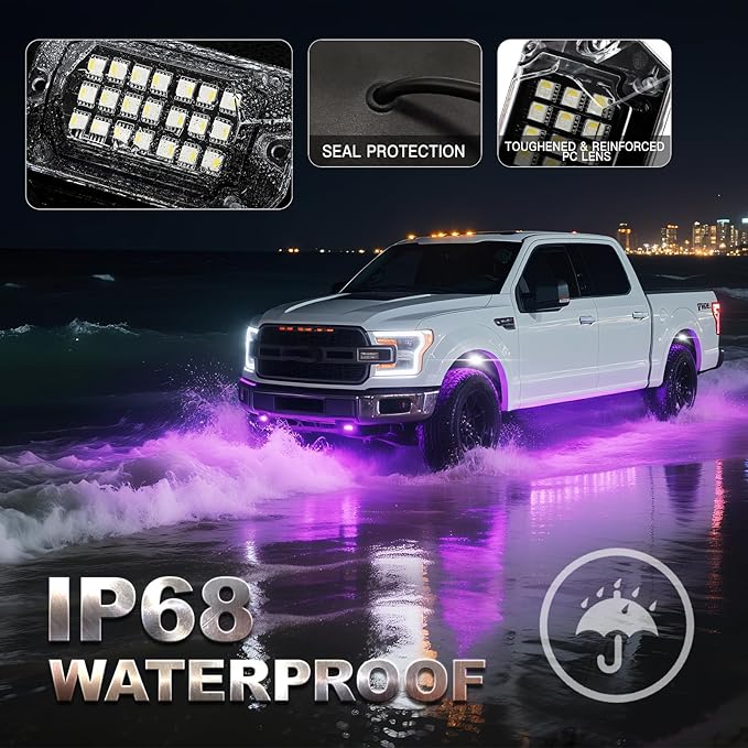 6 Pods Full Angle RGBW LED Rock Lights, 6500K Pure White and RGB Rock Light for UTV ATV Golf Cart RZR SXS Truck SUV Car Underbody, 12V Waterproof Neon Underglow Kit with APP/RF Control Sync Music