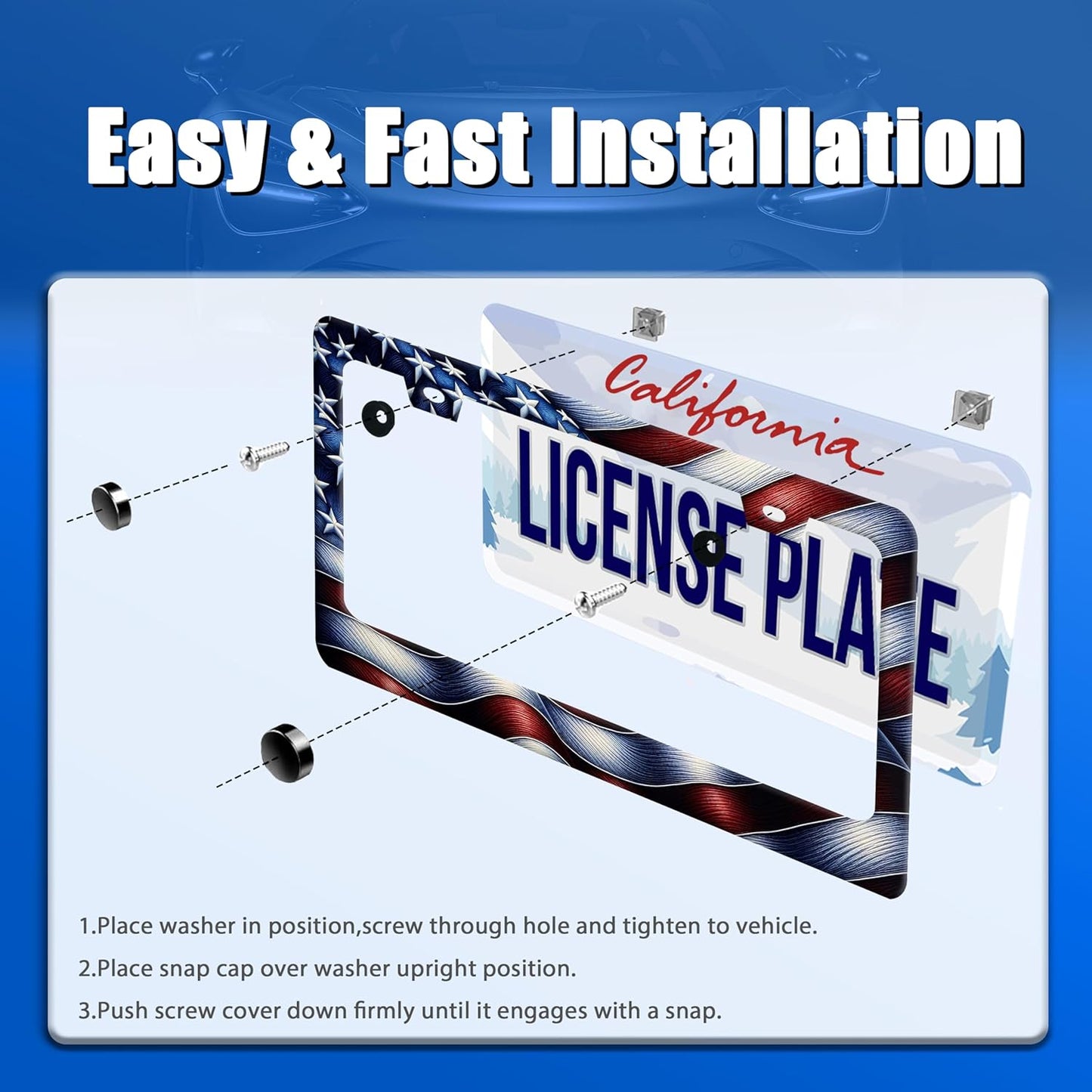 Personalised License Plate Frame American Flag USA License Plate Stainless Steel Funny License Plate Holder Patriotic Car Accessories Decoration 12.3" x 6.3" for Men Women