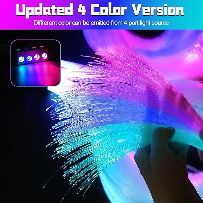 Split 4 Colors 12W Car Starlight Headliner Kit 860pcs*0.02in*9.8ft with APP&RF Remote,RGBW Fiber Optic Strands Star Roof Lights,4 Port Engine Sound Activated Star Ceiling Lights for Car/Home Decor