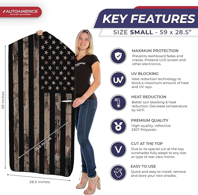 Autoamerics 1-Piece Windshield Sun Shade Brown Camo American Flag USA Design - Foldable Car Front Window Sunshade for Most Sedans SUV Truck - Blocks Max UV Rays and Keeps Your Vehicle Cool - Small