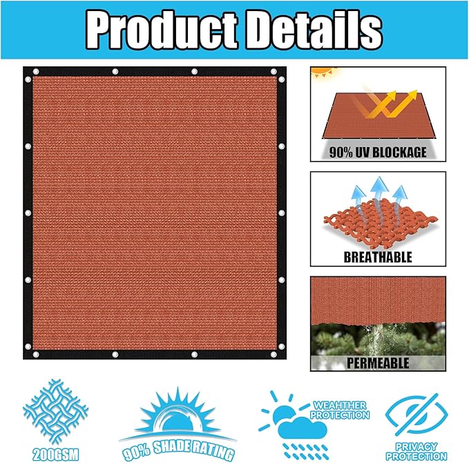 Amagenix 90% Pergola Shade Cover 11' X 11' Sun Shade Cloth with Grommets for Outdoor Garden Patio Porch, Commercial Grade 200 GSM - Cable Zip Ties Included (We Customized) GN108, Rust Red
