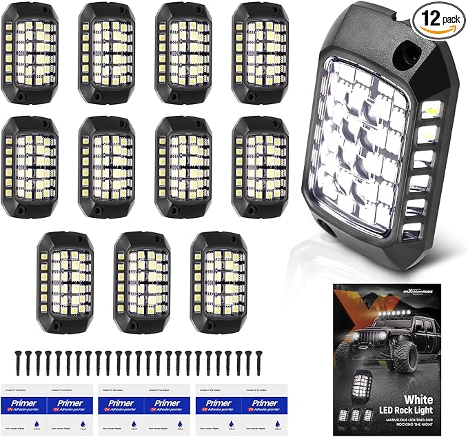 maXpeedingrods 12 Pods White Rock Lights 400LM 6000K, High Bright 432 SMD 5050 Chips with 43cm Wires, LED Underglow with Waterproof 3D Lens for Off-raod Truck Golf Cart Car Boat Motorcycle