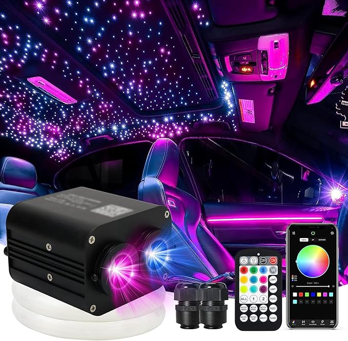 AMKI Dual Color 20W Twinkle Starlight Headliner Kit 1100pcs 0.03in 13.1ft Fiber Optic Star Ceiling Light Sound Activated Music Mode APP/Remote Control Dual Port Light Box for Car Home Roof Decor