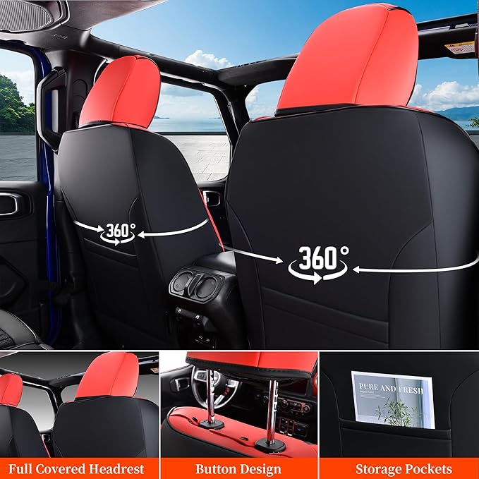 Coverado Seat Covers for Jeep Wrangler, Waterproof Leather Car Seat Cushion Full Set, Custom Seat Protector Fit for Jeep Wrangler JL 4-Door Sahara Sport Rubicon 2018-2024 (Red)