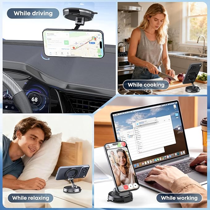 Strong Magnetic Phone Holder for Car & Desk, Compatible with MagSafe, Secure Lock, Universal 360° Rota-Table Car Phone Mount for Dashboard, Glass, Table, Carbon Fiber Deep Black
