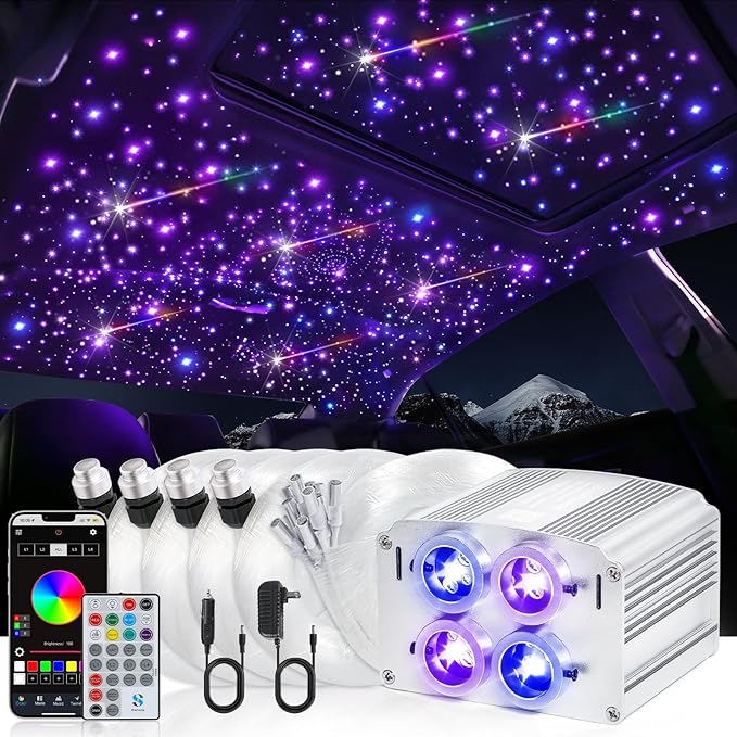 Car Starlight Headliner Kit, 4 Colors 32W Twinkle & Meteor Fiber Optic Ceiling Lights, 2 in 1 Light Engine 500pcs*0.03in*13.1ft+240 RGBW Shooting Stars Lights for Car Home Roof Décor
