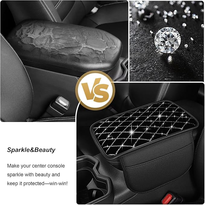 Bling Center Console Cover with 2 Side Pockets Fit for Corolla Cross Multi-Functional Car Armrest Cushion Diamond-Studded Rhombus Pattern Style(Black&Silver Diamond)