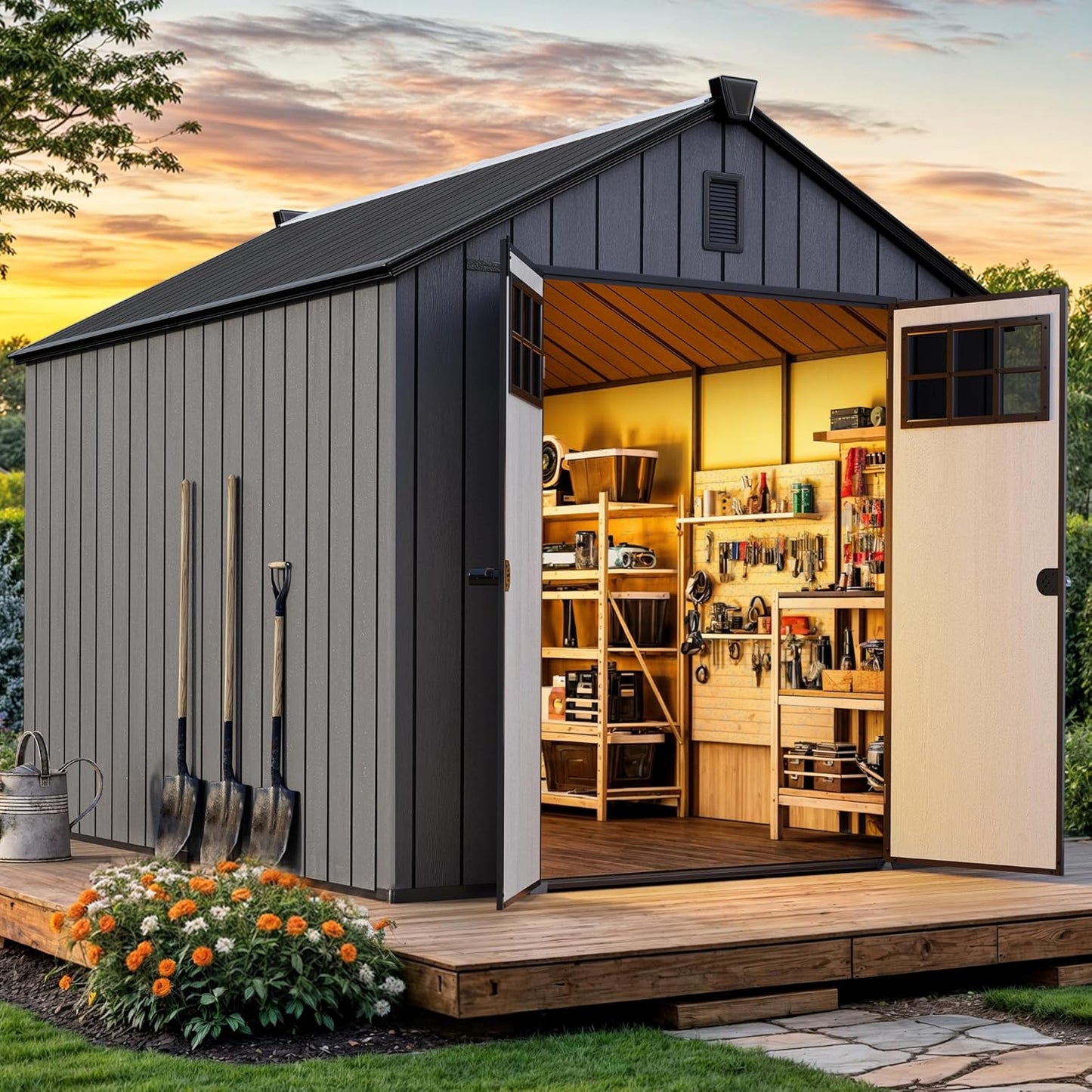 YITAHOME 8x10 FT Outdoor Storage Shed with Floor, Plastic Garden Shed for Bikes, Tools, and Pool Supplies, Outdoor Resin Shed with Lockable Doors, Windows, and Vents for Patio, Lawn, Backyard, Black