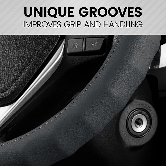 BDK Genuine Gray Leather Steering Wheel Cover for Car, Large 15.5-16 inch – Ergonomic Comfort Grip for Men & Women, Car Steering Wheel Cover for Vehicles with Large Steering Wheels