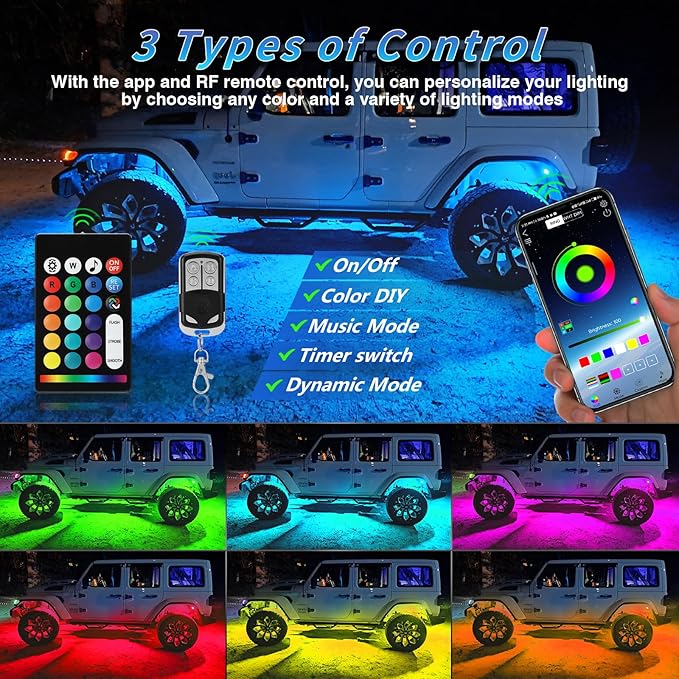 Segmented RGB LED Rock Lights Kit with APP/RF Remote Control, Multicolor 10Pods Underglow Neon Light Waterproof 12V Underbody Brake Light Fender Lights for Jeep Golf Cart Trucks Pickup ATV UTV RZR SXS