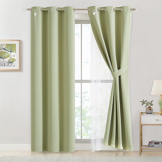 Bujasso Sage Green 90% Blackout Curtains with Sheer Overlay Mix and Match Double Layer Thermal Insulated Window Panels 72 inch Living Room Bedroom Green Drapes with Tiebacks Grommet Top 37" Wx72 Lx2