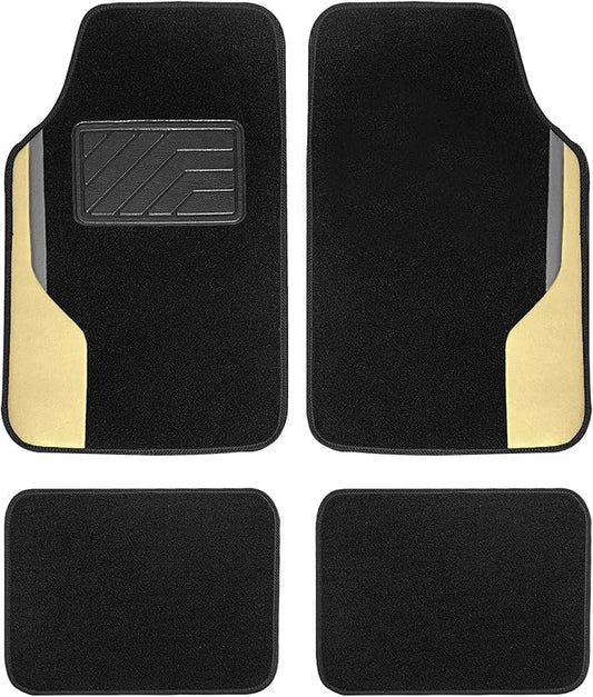 FH Group Color-Block Carpet Car Floor Mats – Non-Slip, Faux Leather Accents, Universal Fit for Sedan, SUV & Truck – Full Set Beige