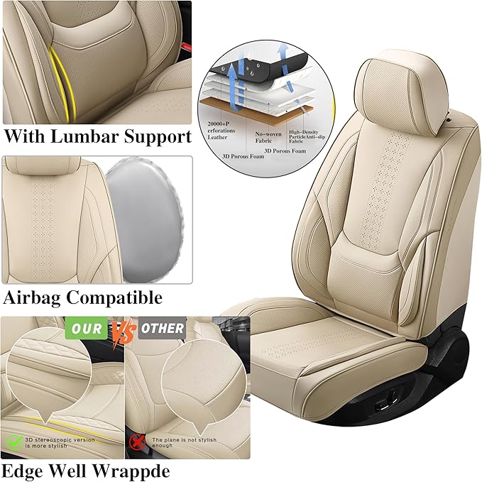 Chezope Leather Seat Covers, Beige Car Seat Covers Front Pair, Breathable Car Seat Protectors, Wear-Resistant Car Accessories, Universal Fit for Most Cars,SUVs Truck (Beige-Solid, Front Pair)