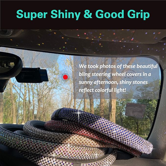 PINCTROT D Shaped Bling Comfy Steering Wheel Cover with Jumbo Crystal Rhinestones, Anti-Slip Diamond Leather, Flat Bottom 14.5-15 Inch (Colorful)