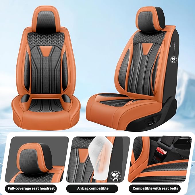 Fit Murano Car Seat Covers Compatible with Nissan Murano 2004-2025 2026 - Full Set Premium Leather， Waterproof Breathable， All-Weather Seat Cushion Protecto&Airbag Compatible （Orange&Black