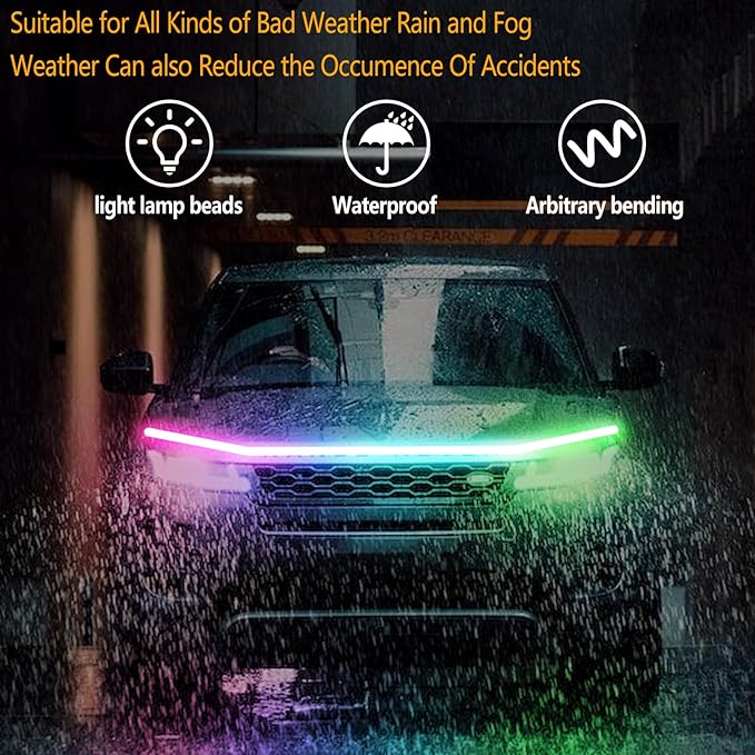 59 Inches RGB Multi-Color Dynamic Scanning Starter Hood Lights, Car LED Hood Light Strip, Exterior Flexible Headlight Waterproof Daytime Running Lamps Strips (1 Set)