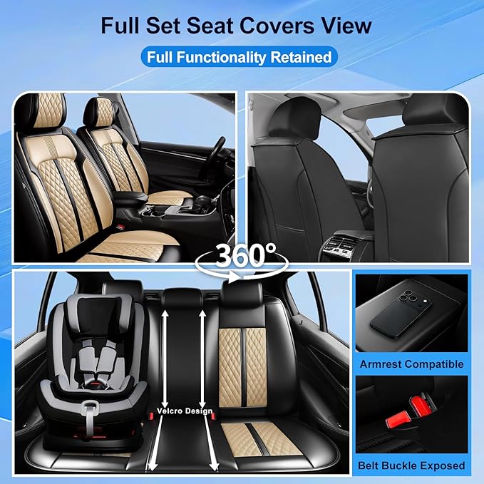 Fit Trax Car Seat Covers for Chevrolet/Chevy Trax 2015-2026, Premium Full Coverage Leather, Waterproof All Weather Seat Protector, Airbag Compatible, Scratch Resistant, Full Set, Black+Beige