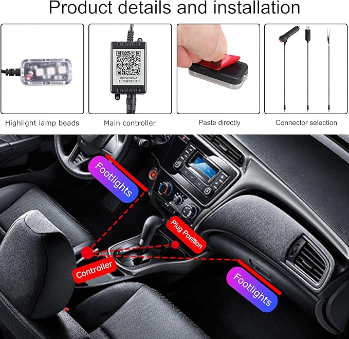 RGB Car Footwell Ambient Lighting Kit USB 16.7 Millions Colors Sound Active Music Sync APP Control Car Interior Multicolored Footwell Atmosphere Light