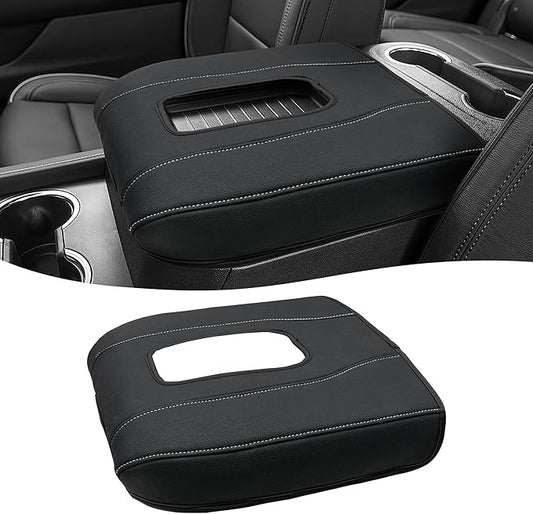 Center Console Armrest Cover for Chevy Silverado 1500 Accessories & GMC Sierra 2019-2026, Yukon & Tahoe & Suburban 2021-2026, Bucket Seat, Comfort Arm Rest Cushion Pad, Black-Gray Stitch