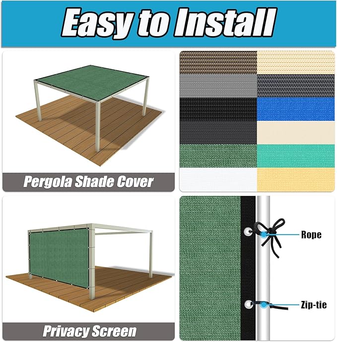 Amagenix 90% Pergola Shade Cover 4' X 4' Sun Shade Cloth with Grommets for Outdoor Garden Patio Porch, Commercial Grade 200 GSM - Cable Zip Ties Included (We Customized) GN108, Green