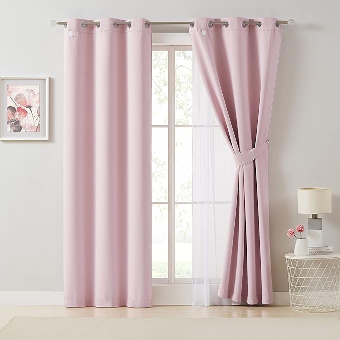 Bujasso Pink Blackout Curtains with Sheer Overlay Mix and Match Double Layer 80% Room Darkening Window Treatment Set for Girls Bedroom Living Room Pink Drapes with Tiebacks Grommet Top 54" Wx102 Lx2