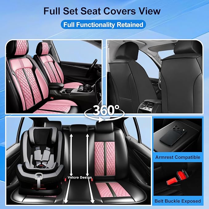 Fit Trax Car Seat Covers for Chevrolet/Chevy Trax 2015-2026, Premium Full Coverage Leather, Waterproof All Weather Seat Protector, Airbag Compatible, Scratch Resistant, Full Set, Black+Pink
