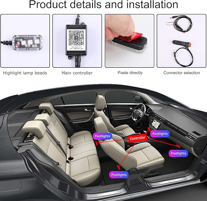 Car Ambient Lighting with Bluetooth App Control 64 Colors Multicoloured Music Interior Footwell Lighting Kit DC 12V 1W