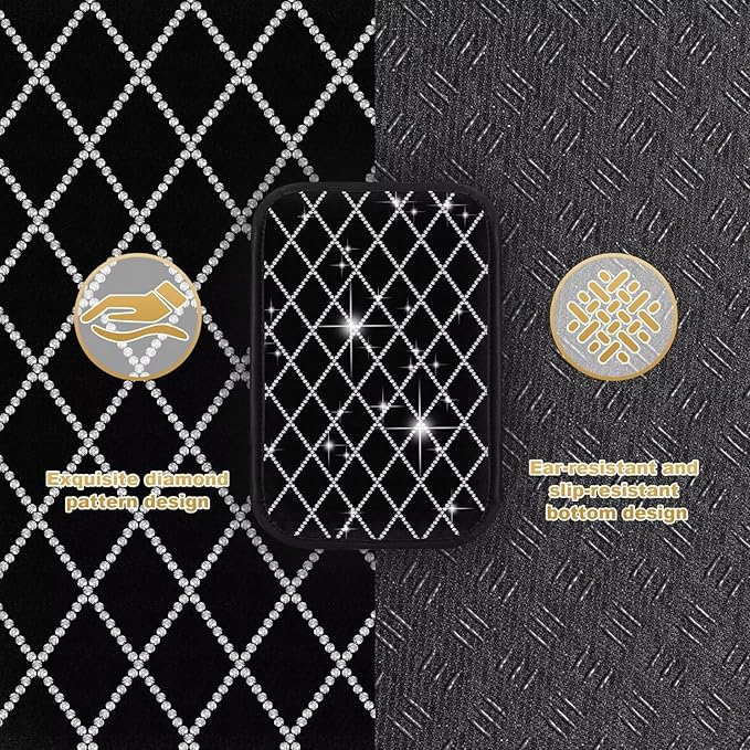 Bling Center Console Cover with 2 Side Pockets Fit for Land Cruiser Multi-Functional Car Armrest Cushion Diamond-Studded Rhombus Pattern Style(Black&Silver Diamond)