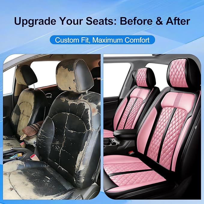 Fit Mazda 6 Car Seat Covers for Select Mazda 6 2007-2021, Premium Full Coverage Leather, Airbag Compatible, Luxury Waterproof All Weather Seat Cushion Protector, Front Pair Black+Pink