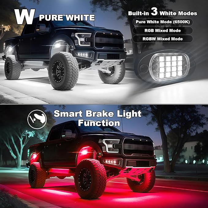 4 Pods RGBW LED Rock Lights, RGB with Pure White Rock Light for ATV UTV Golf Cart RZR SXS Truck Offroad SUV Car Underbody, 12V Waterproof Multicolor Underglow Kit with APP/RF Remote Control Sync Music