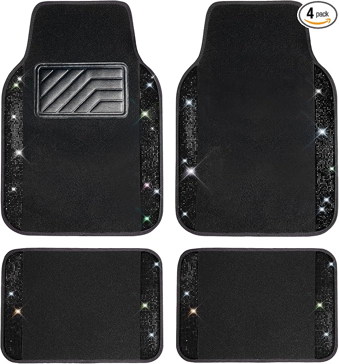 CAR PASS Bling Diamond Car Floor Mats, Sparkling Crystal Shining Glitter Rhinestone Carpet, Anti-Slip PVC Heel Pad Waterproof Universal for Automotive SUV,Sedan,Van,4pcs Girl Women Men Black Diamond