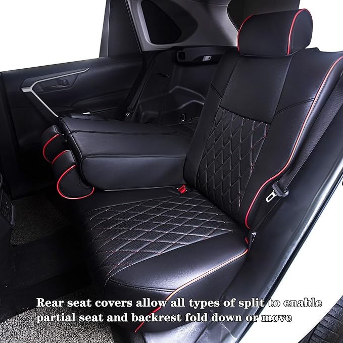 HKZ Fit RAV4 Car Seat Cover Set for 2013 2014 2015 2016 2017 2018 Toyota RAV4 LE Gasoline Version Only-Leather(Black+Red)