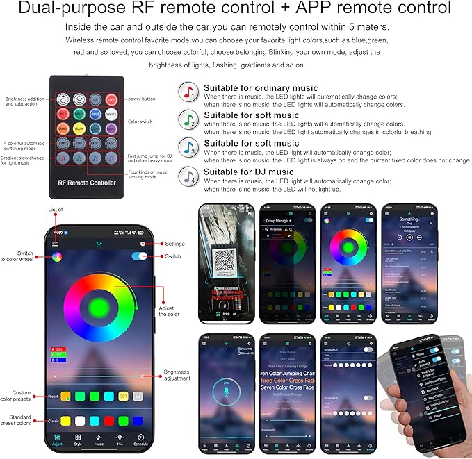 Car Interior Strip Lights, 5 in 1 Multicolor RGB Car Footwell Ambient Lighting Kit, 6m Fiber Optic EL Neon Tube Light, DIY Mode Music Sync RF Remote Control + APP Control DC 12V