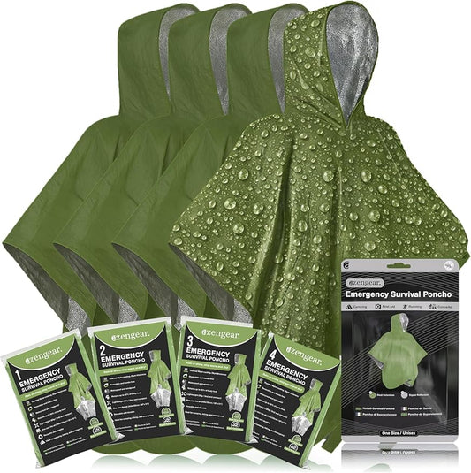 aZengear Emergency Survival Poncho (4pc) Thermal Mylar Foil Blanket for Heat Retention and Rain | Reversible with Hood | Waterproof, Windproof, Portable, Hands-Free, Outdoor Kit (Green)