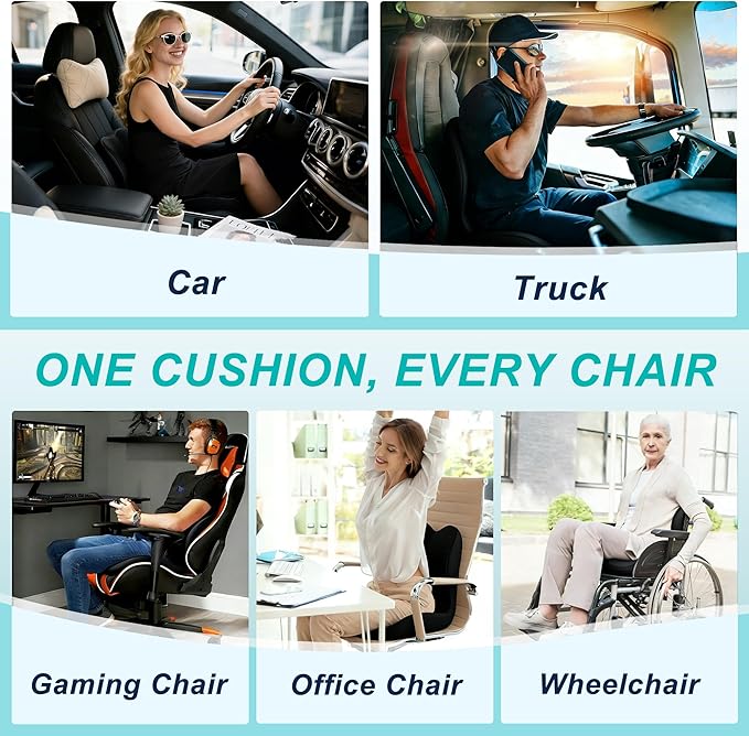 Seat Cushion for Office Chair and Car, Lumbar Support Pillow for Office Chair, Memory Foam Ergonomic Seat Cushion for Long Sitting, Back & Tailbone Pain, Sciatica - Black
