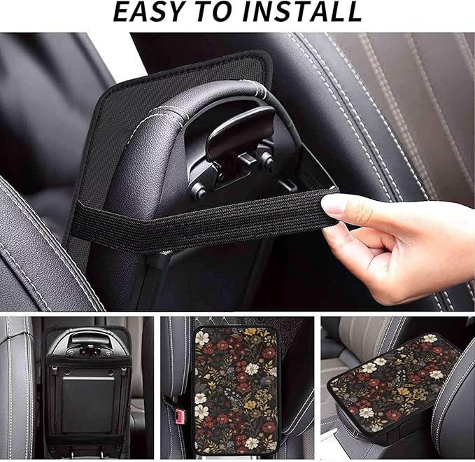 Center Console Covers for Cars Flower Pink Red Floral Boho Arm Rest Cover Daisy Black Retro Car Seat Armrest Pad Covers Middle Console Cover Hippie Boho Brown Car Accessories