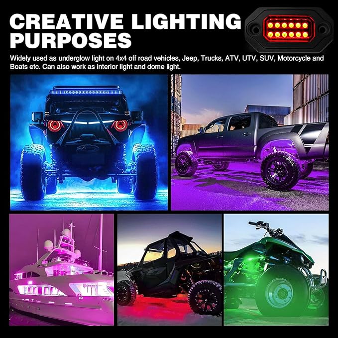 RGB LED Rock Lights Kit, 12 pods Multicolor Neon Light with Bluetooth App/Remote Control Flashing Music Mode, Aluminum Metal, IP68 Waterproof, 12v for Truck ATV UTV SUV