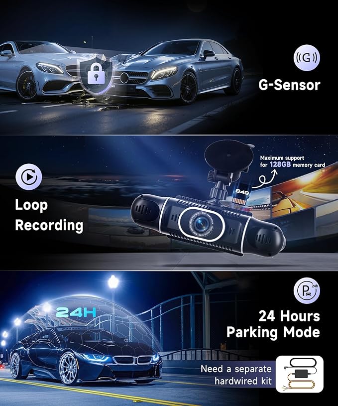 360° Dash Cam Front/Rear/Inside/Side 4-Channel Dash Camera FHD 2K+1080P×3 Car Dash Cam with WiFi, APP Control, 128GB SD Card Included, 8 IR Night Vision, G-Sensor, 24/7 Parking Mode