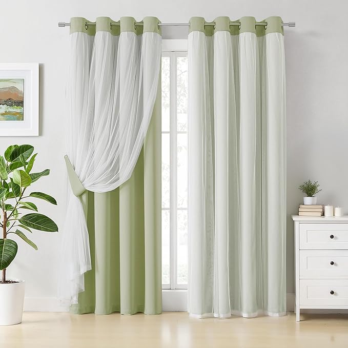 Bujasso Sage Green Blackout Curtains with Sheer Overlay Mix and Match Double Layer Thermal Insulated Window Panels 102 inch for Living Room Bedroom Green Drapes with Tiebacks Grommet Top 54"Wx102"Lx2